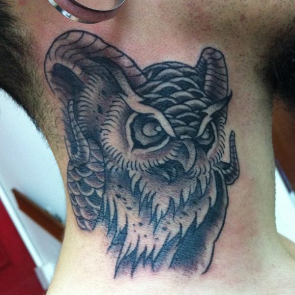 Evil Owl Tattoo On Neck