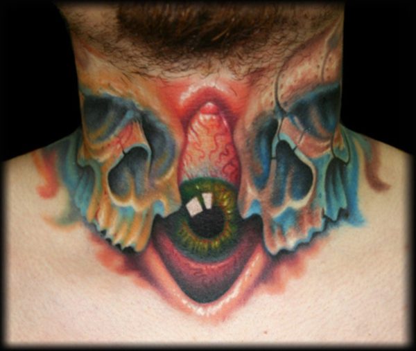 Eye And Skull Tattoo On Front Neck