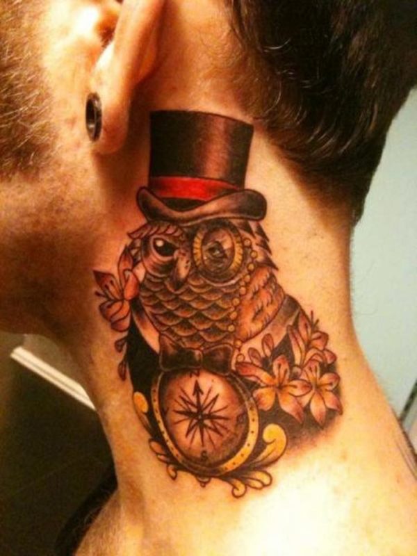 Fantastic Owl Design Tattoo On Neck