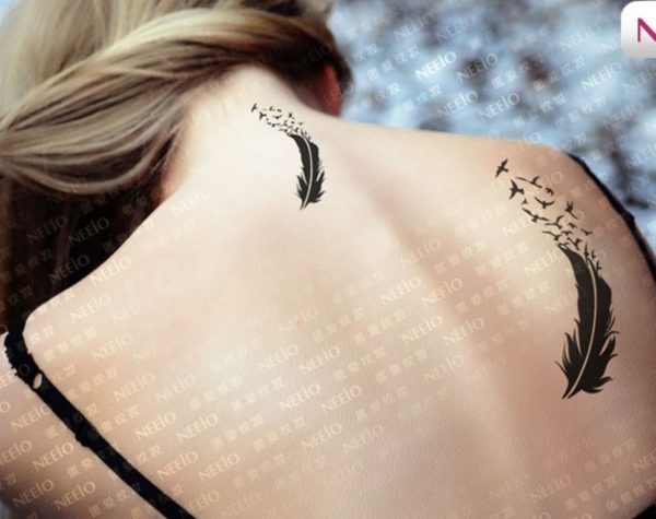 Feather And Bird Tattoo On Neck