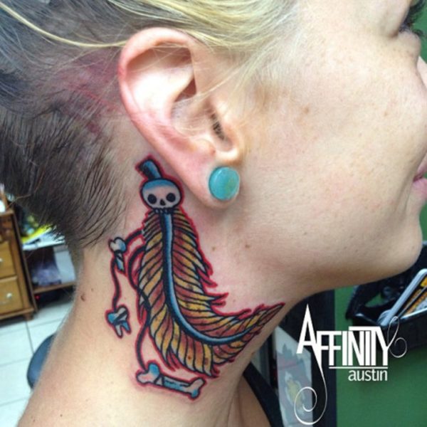 Feather Skull Tattoo On Neck