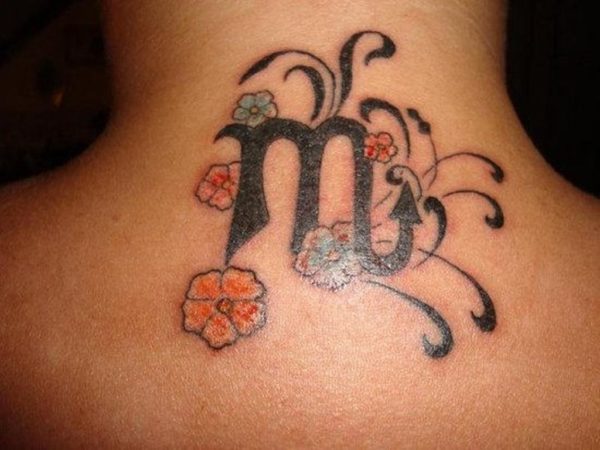 Flower And Virgo Tattoo On Back Neck