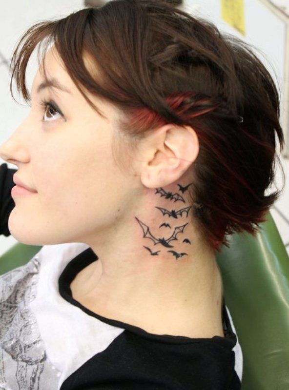 Flying Bats Neck Tattoo Behind Ear