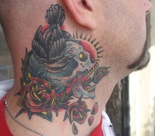 Flying Bird And Skull Tattoo On Neck