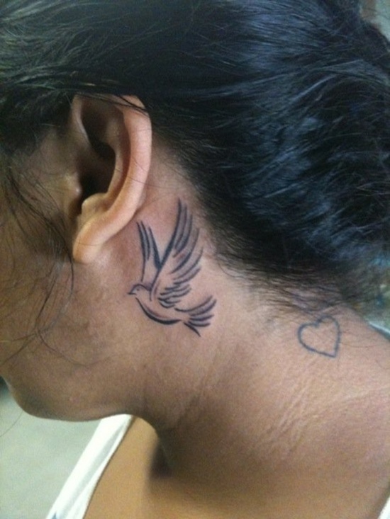 Flying Dove Neck Tattoo Behind Ear
