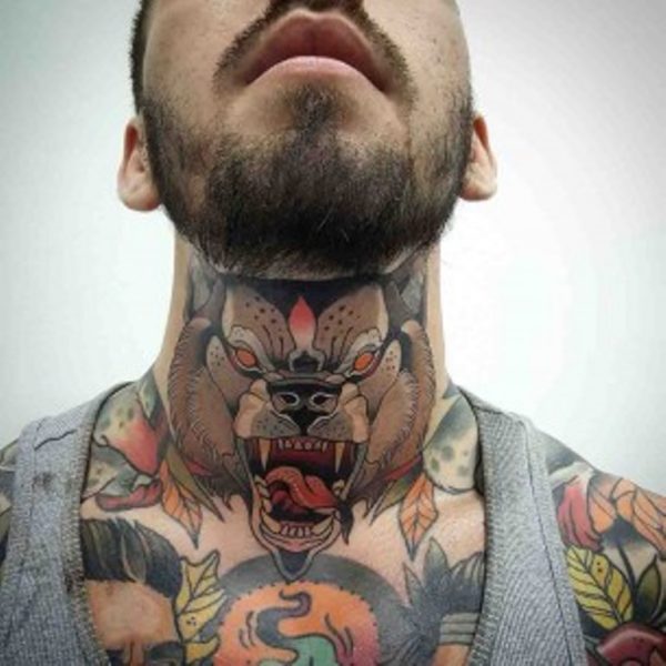Front Neck Tattoo Wolf