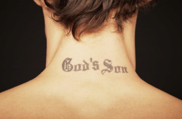 God's Son Lettering Neck Tattoo
