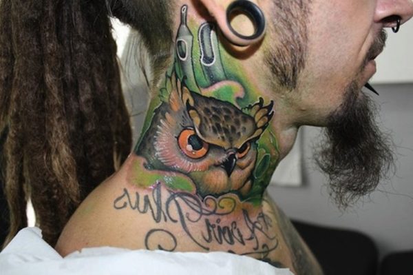 Green Owl Neck Tattoo Design