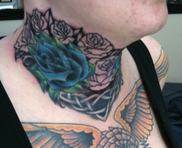 Green Rose Tattoo On Neck