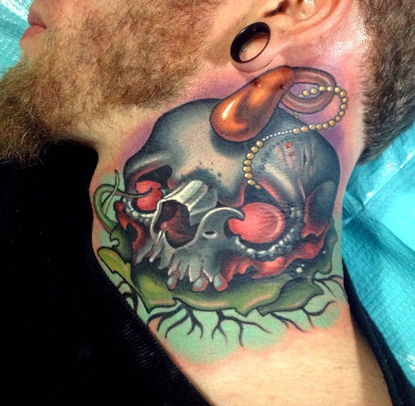Green Skull Designer Tattoo On Neck