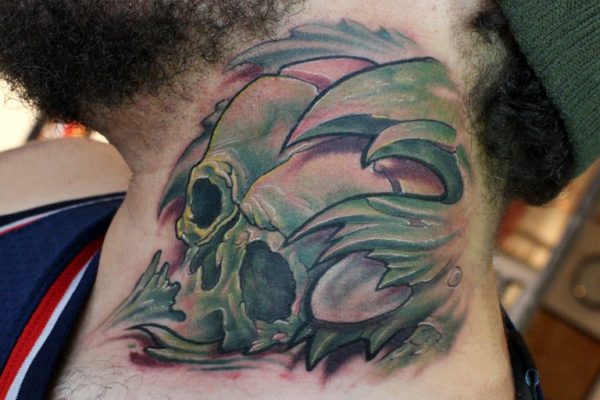 Green Skull Neck Tattoo