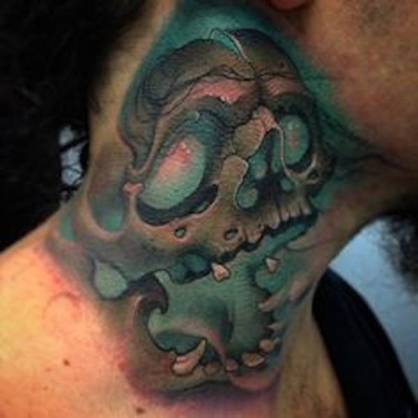 Green Skull Tattoo On Neck