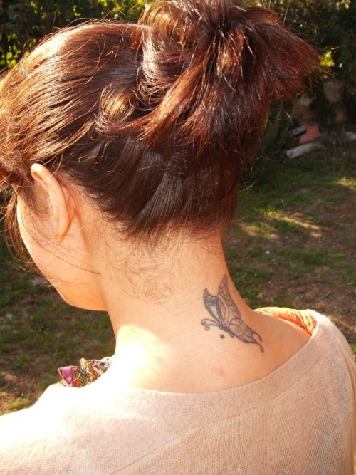 Grey Butterfly Tattoo On Neck