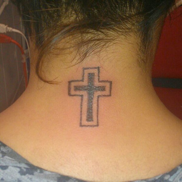 Grey Cross Tattoo On Neck