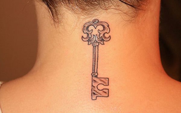 Grey Key Tattoo On Neck