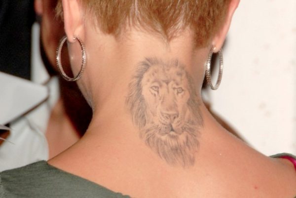Grey Lion Tattoo On Neck
