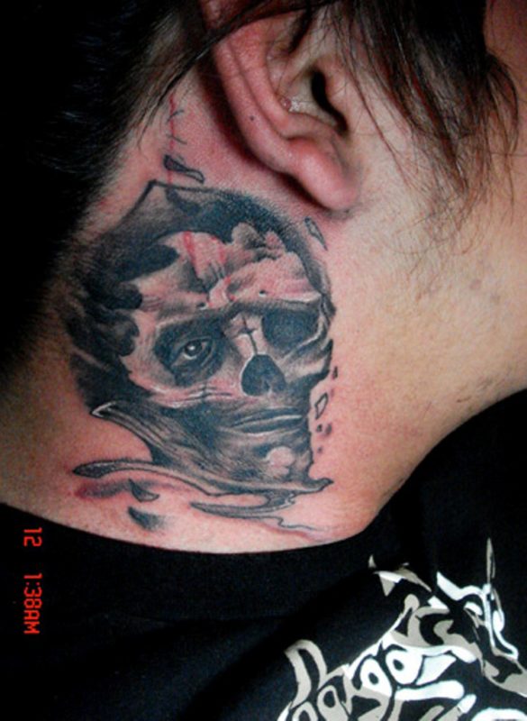 Grey Skull Neck Tattoo
