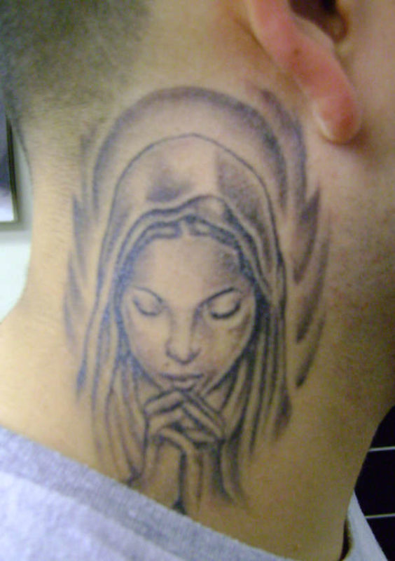 Grey Virgin Mary Neck Tattoo