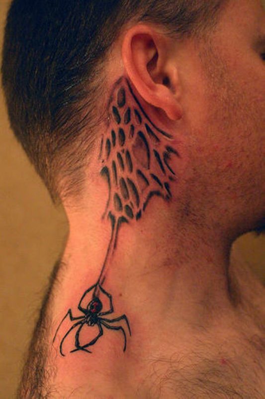 Hanging Spider On Neck Tattoo