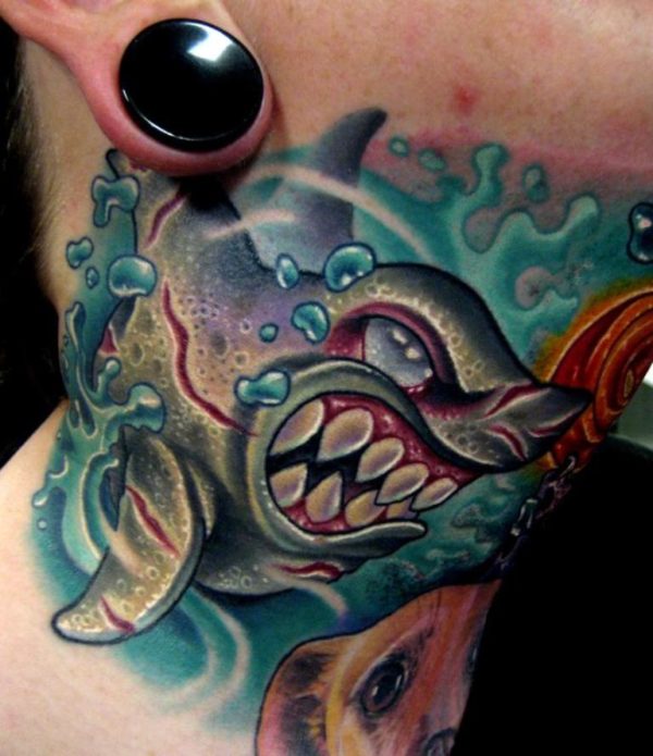 Healed Shark Tattoo On Neck