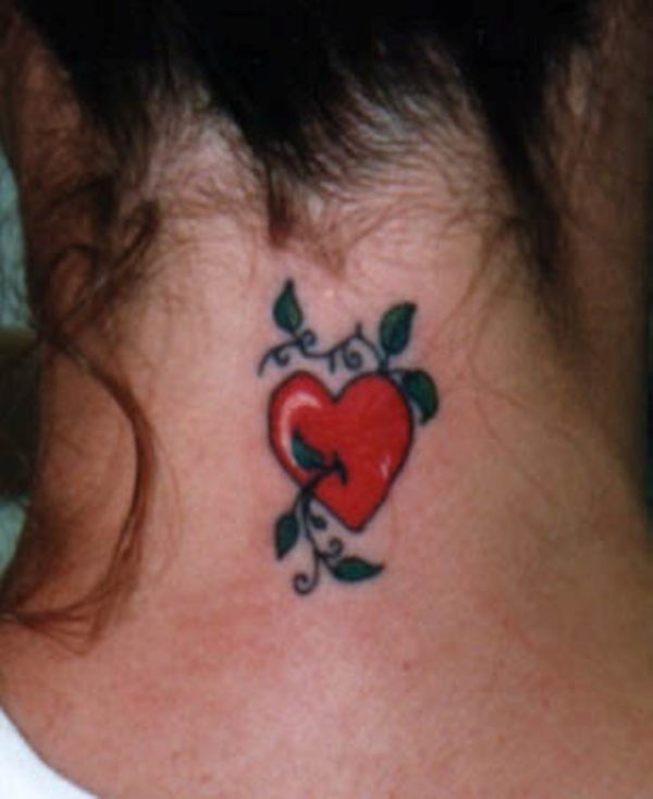 Heart And Leaves Tattoo On Neck
