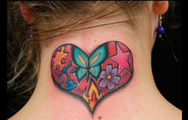 Heart Butterfly Tattoo On Neck
