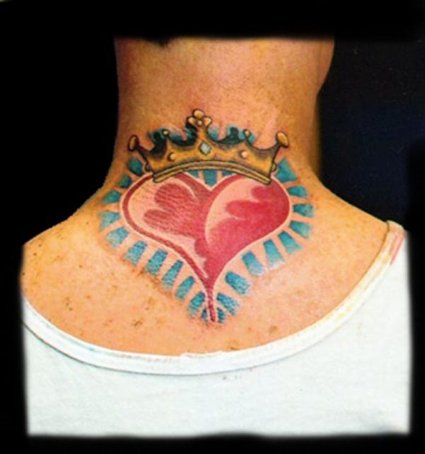 Heart Crown Tattoo On Neck Back