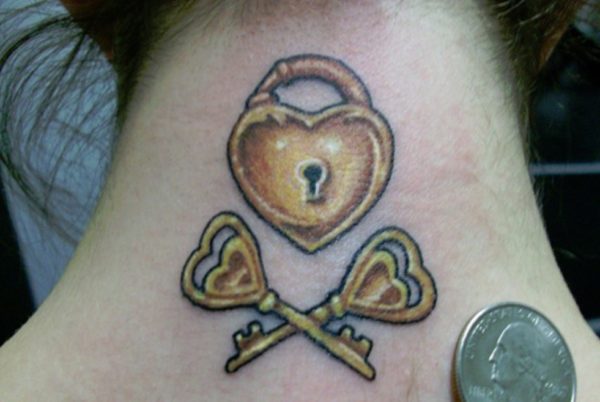 Heart Lock And Key Tattoo On Neck