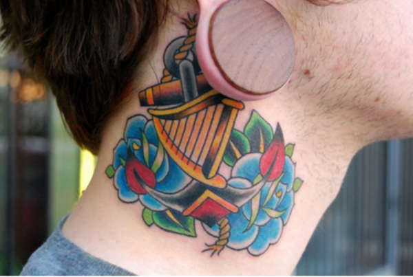 Impressive Blue Roses Tattoo On Neck