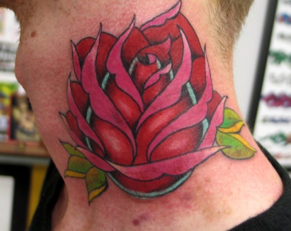 Impressive Pink Rose Tattoo On Neck