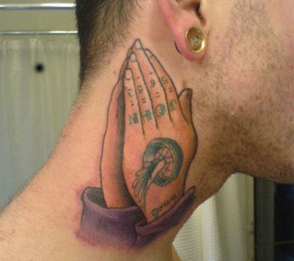 Impressive Praying Hands Neck Tattoo