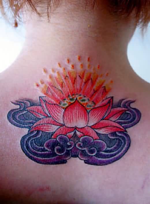 Impressive Red Lotus Neck Tattoo