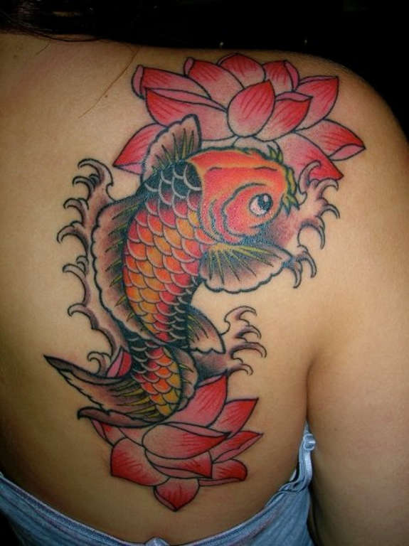 Japanese Fish And Lotus Neck Tattoo