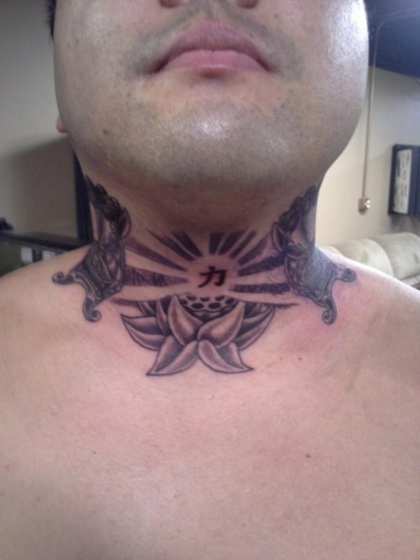 Japanese Grey Flower Tattoo On Neck