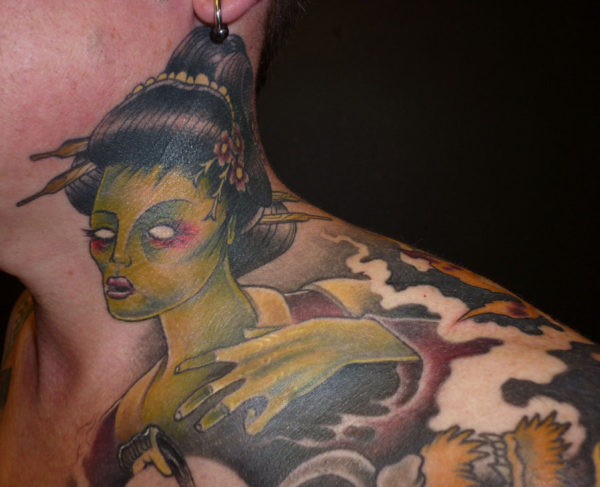 Japanese Lady Tattoo On Neck