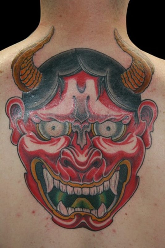 Japanese Red Mask Neck Tattoo