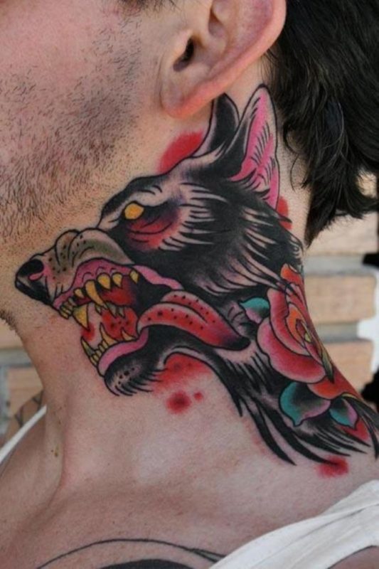 Japanese Wolf Tattoo On Neck