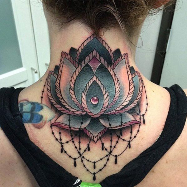 Lace Lotus Flower Neck Tattoo