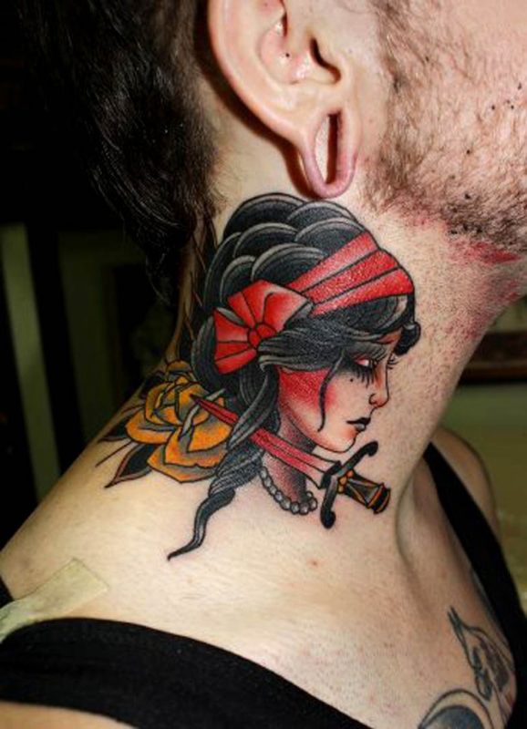 Lady Tattoo On Neck For Men
