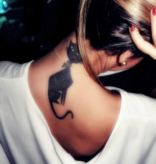 Large Black Cat Neck Tattoo