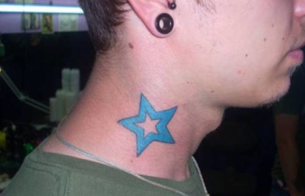 Large Blue Star Tattoo On Neck