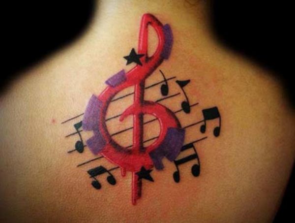 Large Colorful Music Tattoo On Neck Back