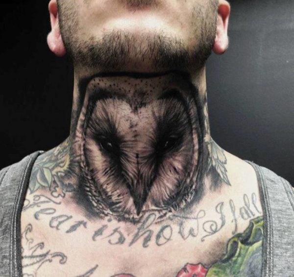 Large Owl Face Tattoo On Neck