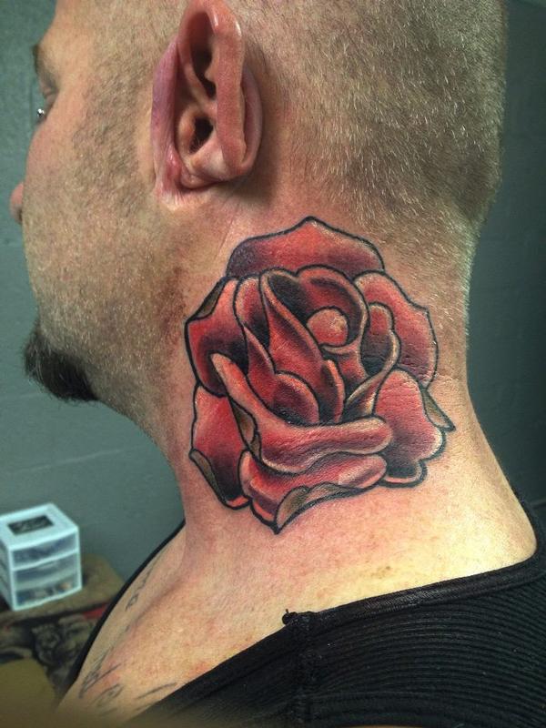 Large Red Rose Tattoo On Neck