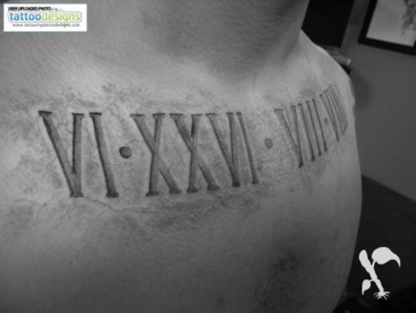 Large  Roman Numeral Tattoo On Front Neck