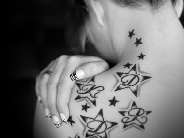 Lettering And Stars Neck Tattoo