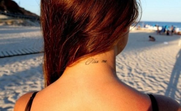 Lettering Kiss Tattoo On Neck