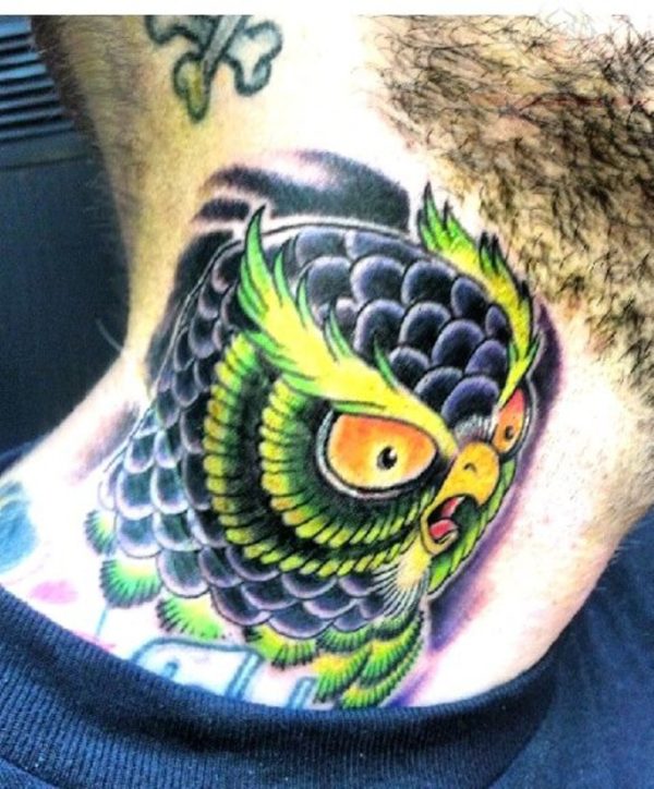 Lovely Owl Tattoo On Neck