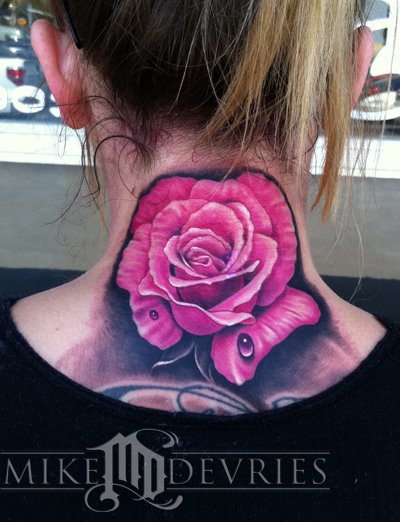 Lovely Pink Rose Tattoo On Neck