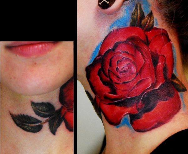 Lovely Red Rose Neck Tattoo